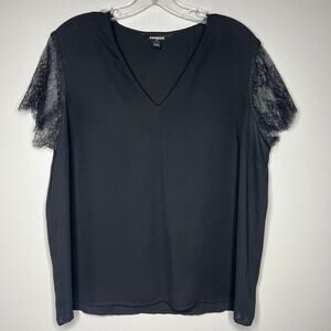 Express Women's L Black Lace Sleeve Blouse Short Sleeve V-Neck Whimsigoth Career